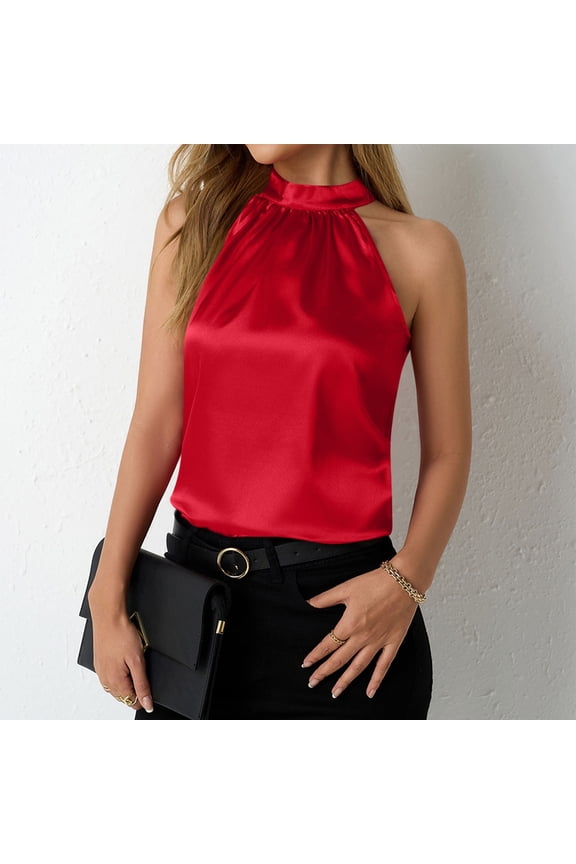 Solid Color Women Tank Top Satin Crew Neck Halter Sleeveless Back Button Design Silk-like Soft Machine Washable No Fading Casual Daily Fashion Wear Camisole Gift