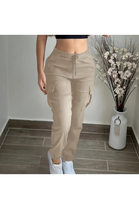 Spring Autumn Solid Color Women Cargo Pants Elastic Waist Cuffed Ankle Big Pockets Machine Washable No Fading Durable Casual Daily Full Length Trousers Gift
