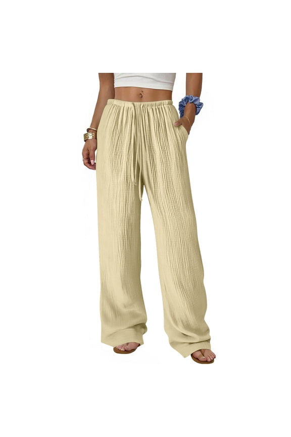 Spring Autumn Solid Color Women Straight Leg Pants Elastic Waist Pocket Design Machine Washable No Fading Versatile Casual Daily Full Length Trousers Gift