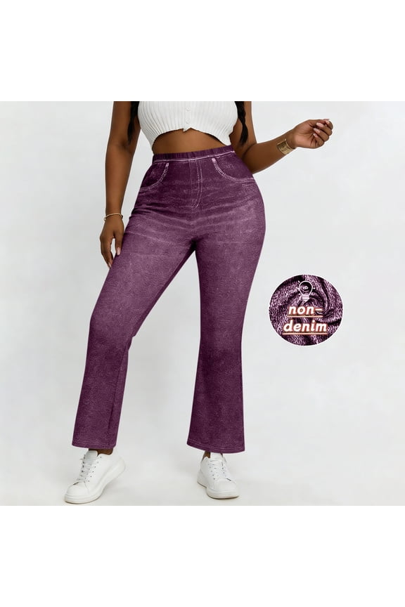 Spring Casual Flare Pants for Women Faux Denim Print High Waist Elastic Wide Leg Bell Bottoms Stretchy Non-Denim Trousers with Pockets Gift