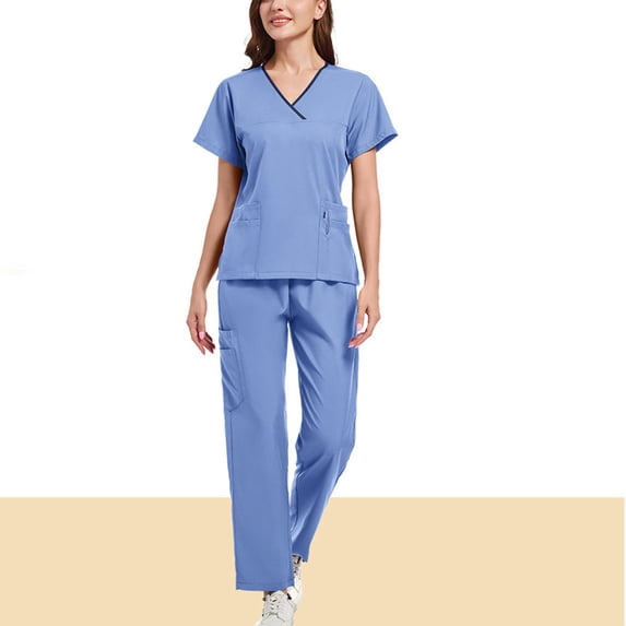 TaTaai Spring Scrub Set for Women V-Neck Short Sleeve Top with Elastic Waist Pants Solid Color Comfortable Uniform for Medical Staff Daily Wear Gift