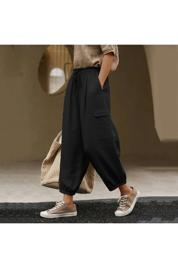 Spring Summer Linen Blend Jogger Pants for Women Ankle Length Elastic Waist with Pockets Cargo Style Drawstring Cuff Trousers Lightweight Comfy Daily Gift