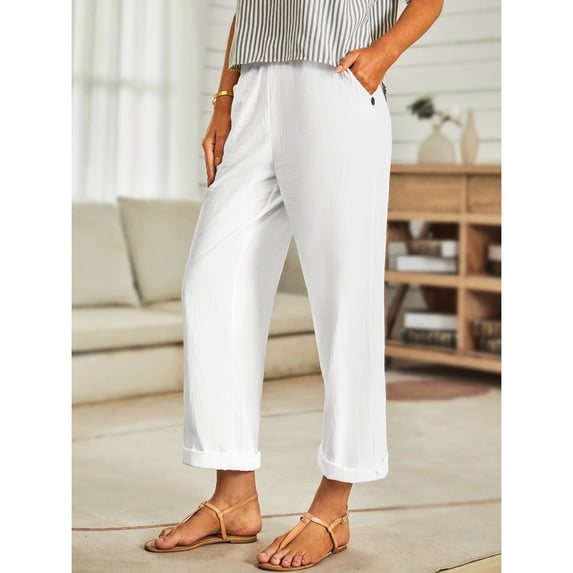 TaTaai Spring Summer Solid Color Wide Leg Pants for Women Casual Linen Feel Elastic Waist Loose Straight Trousers with Pockets Comfy Daily Office Vacation Wear Gift