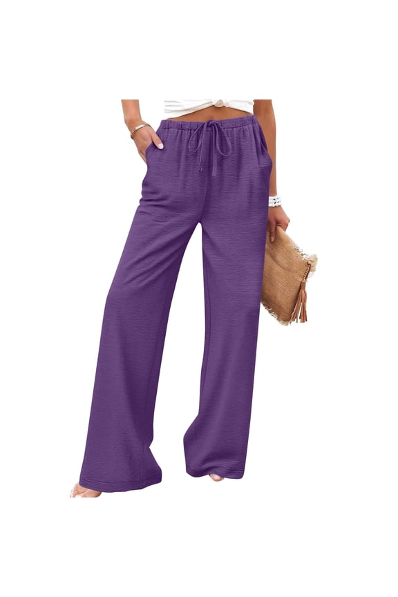 Spring Summer Solid Color Women Casual Pants Cotton Linen Elastic Waist Straight Leg Breathable Lightweight Machine Washable No Fading Daily Wear Trousers Gift