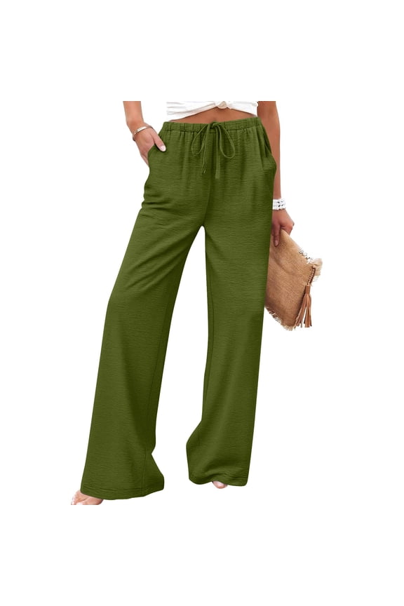 Spring Summer Solid Color Women Casual Pants Cotton Linen Elastic Waist Straight Leg Breathable Lightweight Machine Washable No Fading Daily Wear Trousers Gift