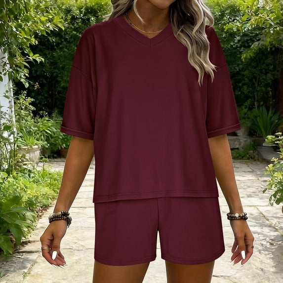 TaTaai Spring Two Piece Outfit for Women V-Neck Ribbed Short Sleeve Top with Solid Color Shorts Casual Loose Fit Comfortable for Home or Daily Outing Gift