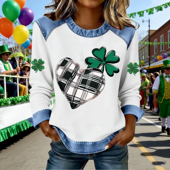 TaTaai St Patrick's Day Women's Long Sleeve Color Block Round Neck Shirt, Fashion Casual, Comfortable Fabric for Holiday Daily Wear Gift
