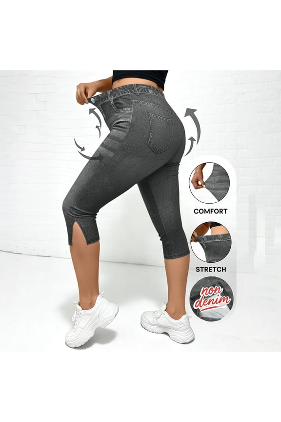 Summer Casual Capri Pants for Women Faux Denim Print Side Slit Hem High Waist Slim Fit Stretchy Jeggings with Pocket Detail for Beach Gift
