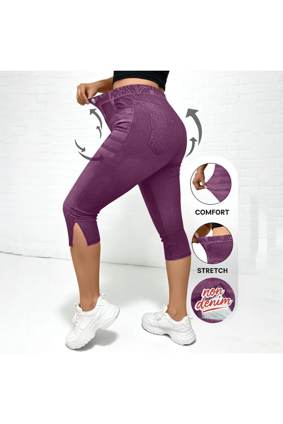 Summer Casual Capri Pants for Women Faux Denim Print Side Slit Hem High Waist Slim Fit Stretchy Jeggings with Pocket Detail for Beach Gift