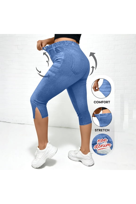 Summer Casual Capri Pants for Women Faux Denim Print Side Slit Hem High Waist Slim Fit Stretchy Jeggings with Pocket Detail for Beach Gift