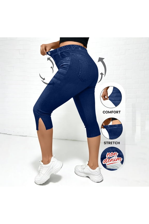 Summer Casual Capri Pants for Women Faux Denim Print Side Slit Hem High Waist Slim Fit Stretchy Jeggings with Pocket Detail for Beach Gift