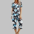 thumbnail image 1 of TaTaai Summer Casual Set for Women Short Sleeve Round Neck Printed Top with Elastic Waist Long Pants Solid Color Comfortable Two Piece Daily Vacation Gift, 1 of 5