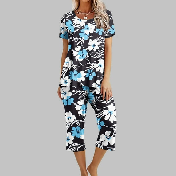 TaTaai Summer Casual Set for Women Short Sleeve Round Neck Printed Top with Elastic Waist Long Pants Solid Color Comfortable Two Piece Daily Vacation Gift