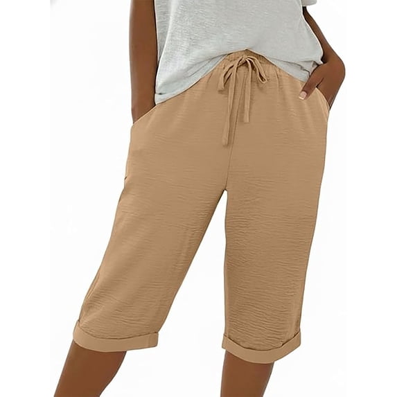 TaTaai Summer Solid Color Bermuda Shorts for Women High Waist Elastic Drawstring with Pockets Loose Fit Knee Length Casual 7/10 Shorts Daily Beach Wear Gift