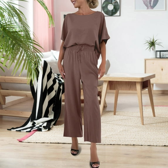 TaTaai Summer Two Piece Set for Women Short Sleeve Top with Pockets and Elastic Waist Long Pants Solid Color Casual Outfit for Daily Vacation Gift