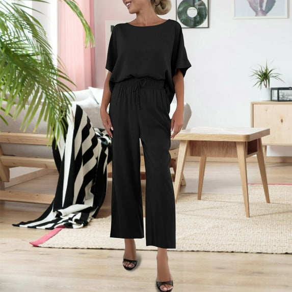TaTaai Summer Two Piece Set for Women Short Sleeve Top with Pockets and Elastic Waist Long Pants Solid Color Casual Outfit for Daily Vacation Gift