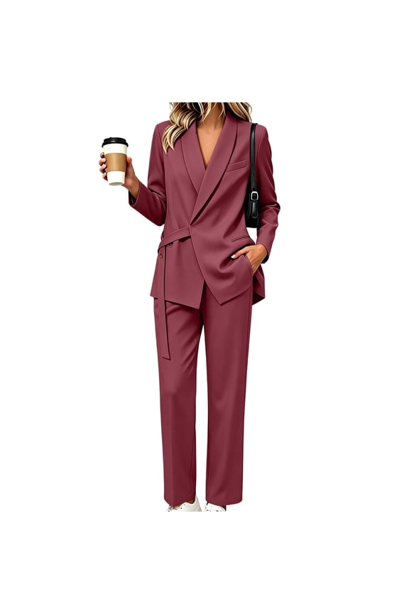 Two Piece Blazer Suit for Women Wrap Tie Waist Straight Leg Pants High Waist Business Casual Office Work Set
