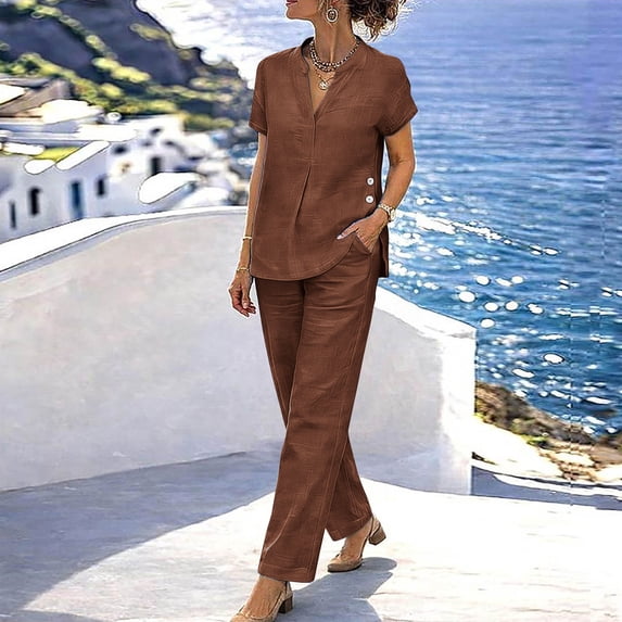 TaTaai Two Piece Casual Sets for Women V-Neck Button Front Top Long Pants with Pockets Drawstring Waist Loose Summer Outfits