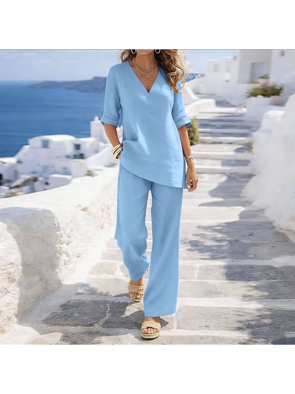 Two Piece Casual Sets for Women V-Neck Loose Top Wide Leg Pants with Pockets Breathable Summer Lounge Outfits