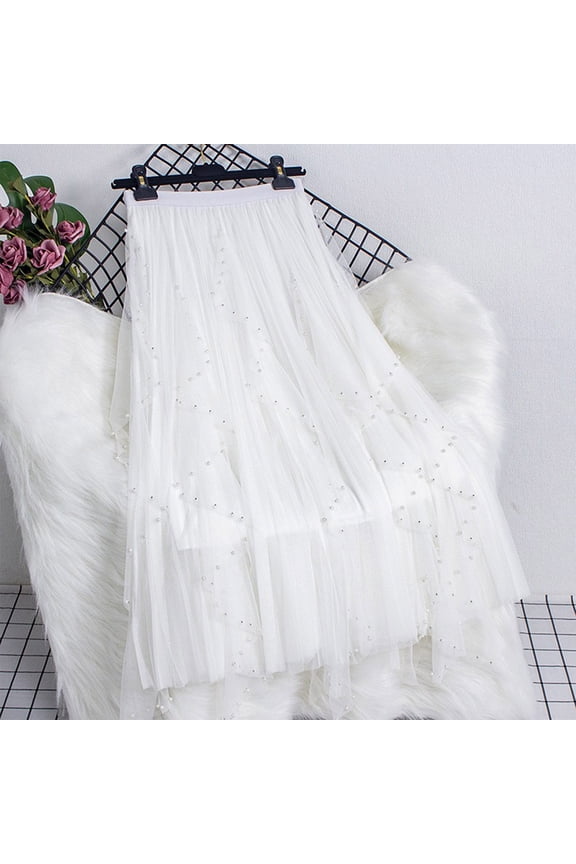 Women Casual High Waist Beaded Mesh Skirt Slimming Flared A-Line Midi Skirt Ladies Daily Commute Holiday Wear Lightweight Breathable No Fading Elegant Skirt Gift