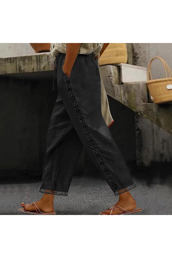 Women Casual Linen Solid Long Pants Elastic Drawstring Waist Loose Straight Trousers With Ruffle Edge For Daily Vacation Beach Wear Gift