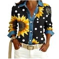 thumbnail image 1 of TaTaai Women Casual Long Sleeve Top Waffle Knit Button Denim Lapel All Over Print Loose Fashion Top Gift, 1 of 5