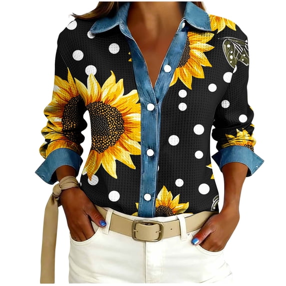 TaTaai Women Casual Long Sleeve Top Waffle Knit Button Denim Lapel All Over Print Loose Fashion Top Gift