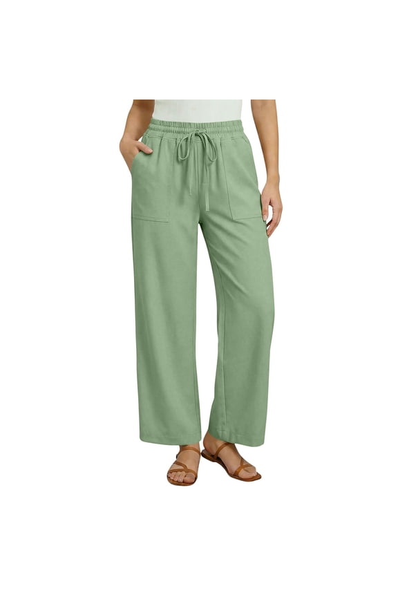 Women Casual Loose Solid Color Long Pants Drawstring Elastic Waist Straight Leg Design with Pockets Comfortable All Match Bottoms for Daily Outings Work Gift