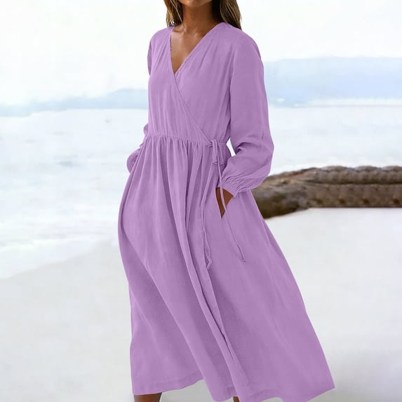 TaTaai Women Cotton Linen V Neck Drawstring Solid Color Dress Casual Loose Fit Breathable Machine Washable Non See-through Lightweight Versatile Daily Street Casual Wear Gift