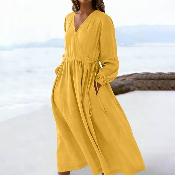 TaTaai Women Cotton Linen V Neck Drawstring Solid Color Dress Casual Loose Fit Breathable Machine Washable Non See-through Lightweight Versatile Daily Street Casual Wear Gift