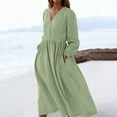thumbnail image 1 of TaTaai Women Cotton Linen V Neck Drawstring Solid Color Dress Casual Loose Fit Breathable Machine Washable Non See-through Lightweight Versatile Daily Street Casual Wear Gift, 1 of 9