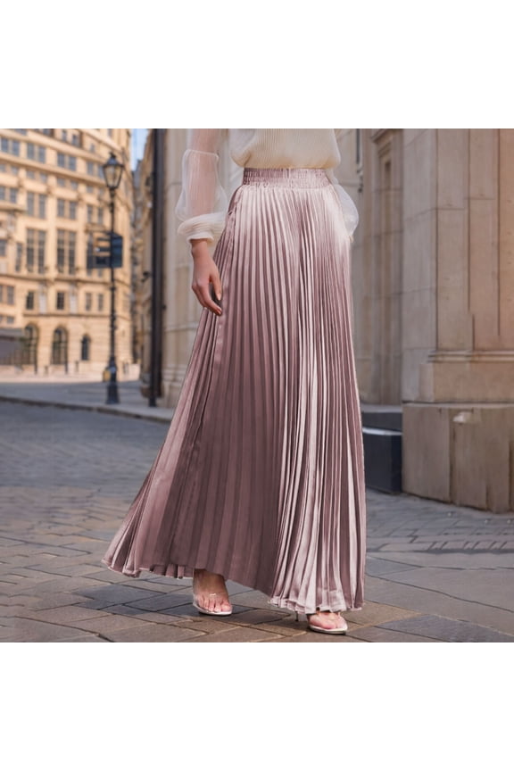 Women Fashion Casual Solid Color Elastic Waist Pleated Ankle Length Skirt Lightweight Breathable Soft Fabric Machine Washable No Fading Versatile Daily Office Street Wear Maxi Skirt Gift
