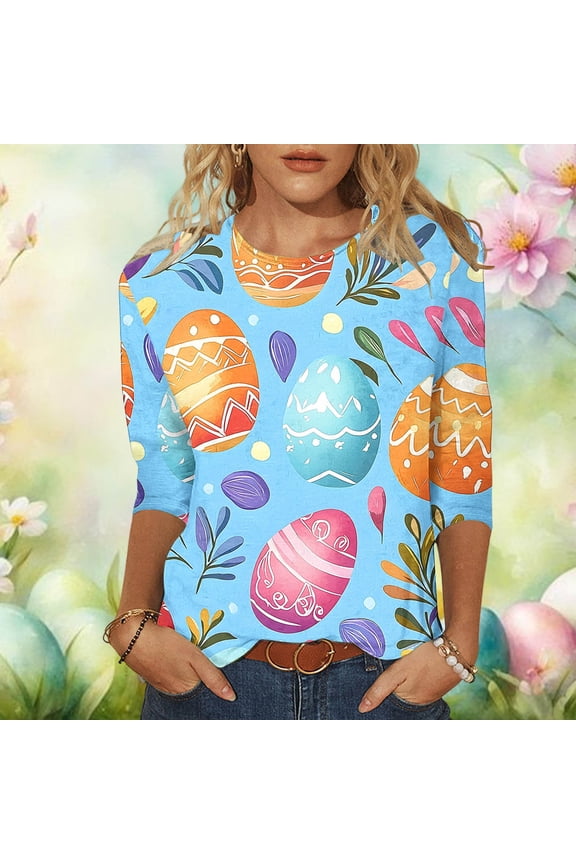 Women Fashion Easter Eggs Floral Print 3/4 Sleeve Crew Neck Casual Top Soft Breathable Fabric for Spring Easter Holiday Family Gatherings Gift