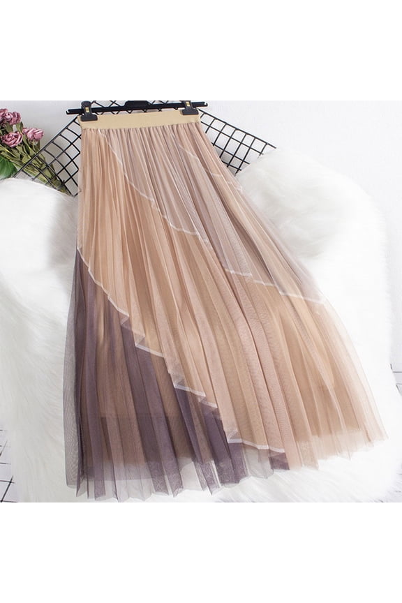 Women High Waist Color Block Mesh Slimming Pleated A-Line Midi Skirt Comfort Fit Breathable Machine Washable Lightweight No Fading Versatile Daily Office Casual Wear Gift