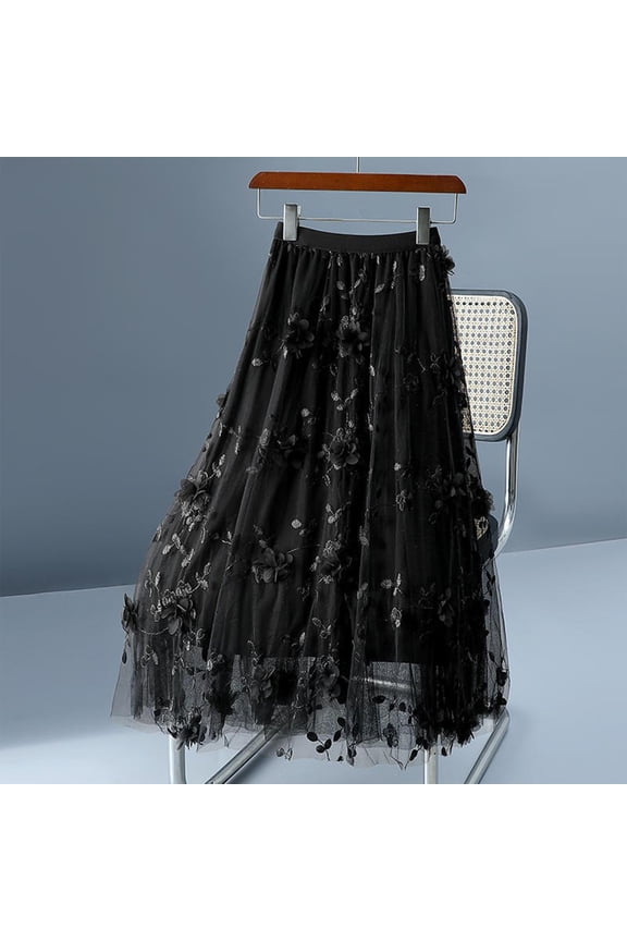 Women High Waist Double Layer Mesh 3D Floral Appliqué Midi Skirt Lightweight Breathable Soft Machine Washable No Fading Versatile Daily Office Party Casual Wear Midi Skirt Gift