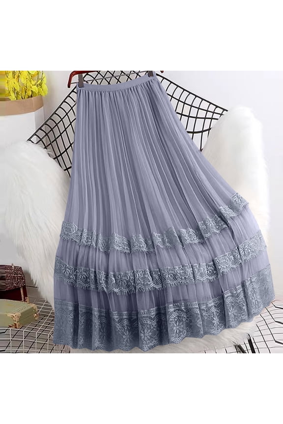 Women High Waist Scallop Trim Mesh Pleated A-Line Midi Skirt Lightweight Breathable Soft Machine Washable No Fading Versatile Daily Office Street Casual Wear Midi Skirt Gift