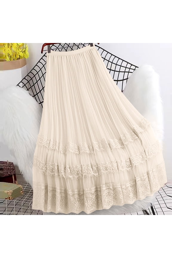 Women High Waist Scallop Trim Mesh Pleated A-Line Midi Skirt Lightweight Breathable Soft Machine Washable No Fading Versatile Daily Office Street Casual Wear Midi Skirt Gift