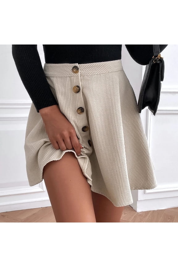 Women High Waist Solid Color Corduroy Button Front Skirt Relaxed Fit Warm Soft Fabric Machine Washable No Fading Versatile Daily Office Casual Wear Skirt Gift
