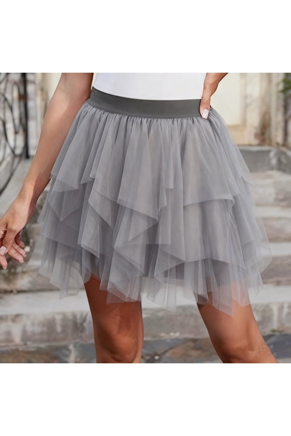 Women Multi Layer Mesh Ruffle High Waist Asymmetrical Mini Skirt Relaxed Fit Breathable Machine Washable Non See-through Lightweight Versatile Daily Street Wear Gift