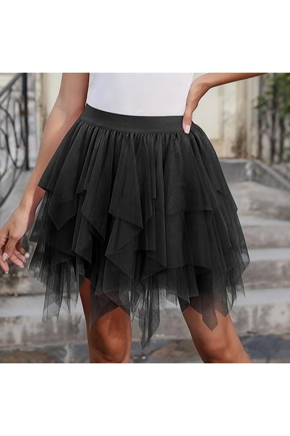 Women Multi Layer Mesh Ruffle High Waist Asymmetrical Mini Skirt Relaxed Fit Breathable Machine Washable Non See-through Lightweight Versatile Daily Street Wear Gift