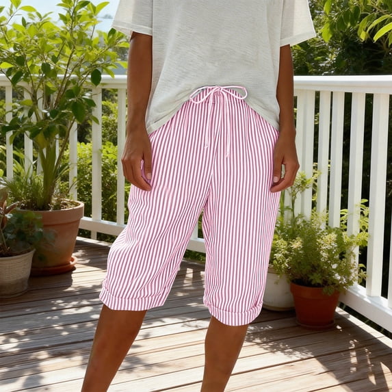 TaTaai Women All Season Striped Casual Loose Shorts Elastic Waist Wide Leg Knee Length Trousers with Pockets Soft Breathable Daily Work Vacation Wear Gift