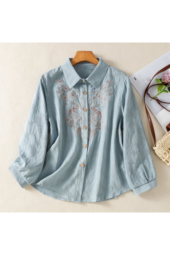 Women Shirt Relaxed Fit Button Down Collar Three Quarter Sleeve Button Front Embroidered Solid Color Casual Blouse Soft Breathable Summer Top Gift