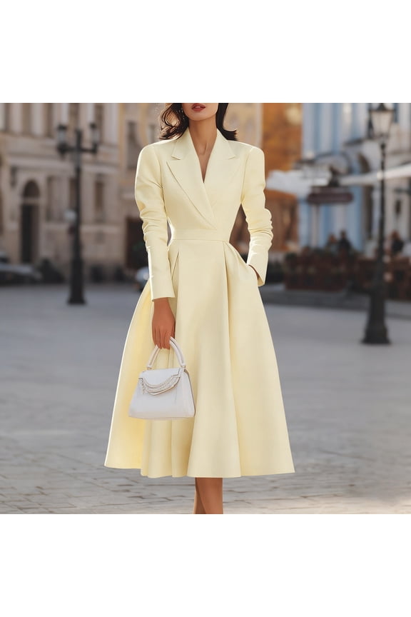 Women Solid Color Formal Dress Long Sleeve Lapel Waist Defined Knee-Length With Pockets Elegant Ladies Office Party Wear Soft Stretchy Non-See-Through Dress Gift