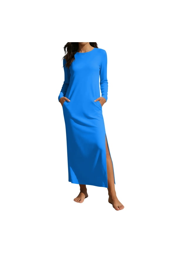 Women Solid Color Long Sleeve Straight Maxi Dress with Double Pockets Side Slit Loose Fit Soft Breathable All Season Daily Wear Gift