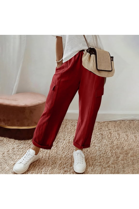 Women Solid Color Loose Fit Cotton Linen Long Pants With Pockets Lightweight Breathable Machine Washable Non See-through Daily Dating Shopping Casual Wear Gift