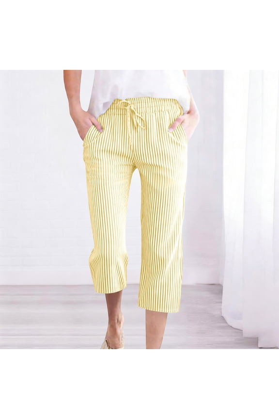 Women Striped Loose Straight Cropped Pants Drawstring Elastic Waist Comfort Style with Side Pockets Soft Lightweight Daily Commute Bottoms Gift