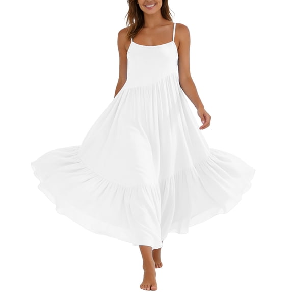 TaTaai Women's 2026 Summer Spaghetti Strap Ruffled Asymmetric Solid Maxi Dress Loose Beach Sundress for Daily & Vacation Gift