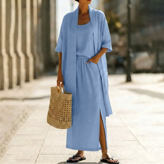 TaTaai Women's 3-Piece Linen Blend Set with Cardigan, Camisole Top, and Midi Skirt for Casual Layered Look Gift