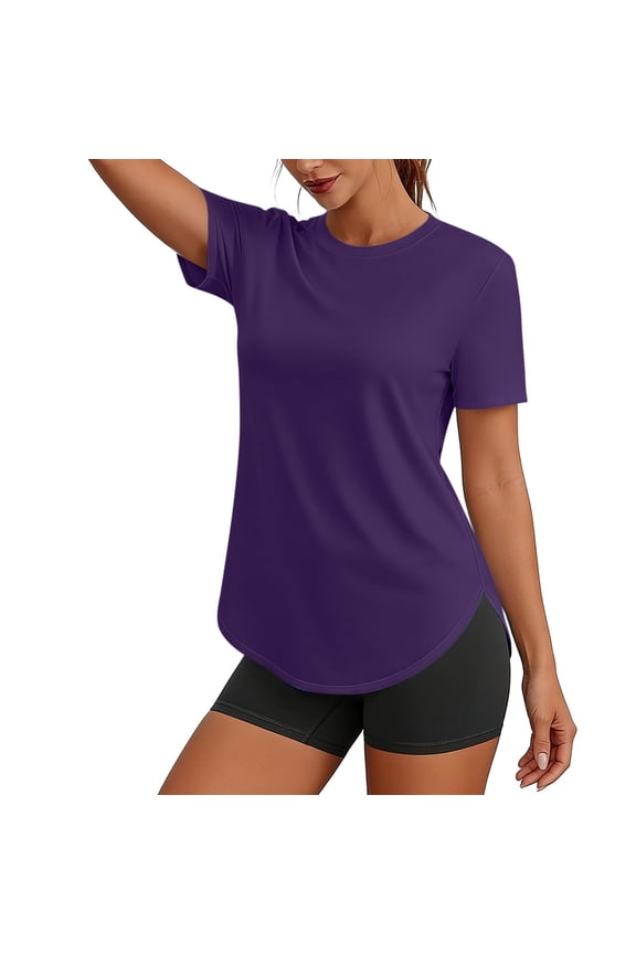 Women's Active Tops for Women Round Neck Short Sleeve Solid Color Curved Hem Workout Tee for Yoga Daily Summer Fall Gift