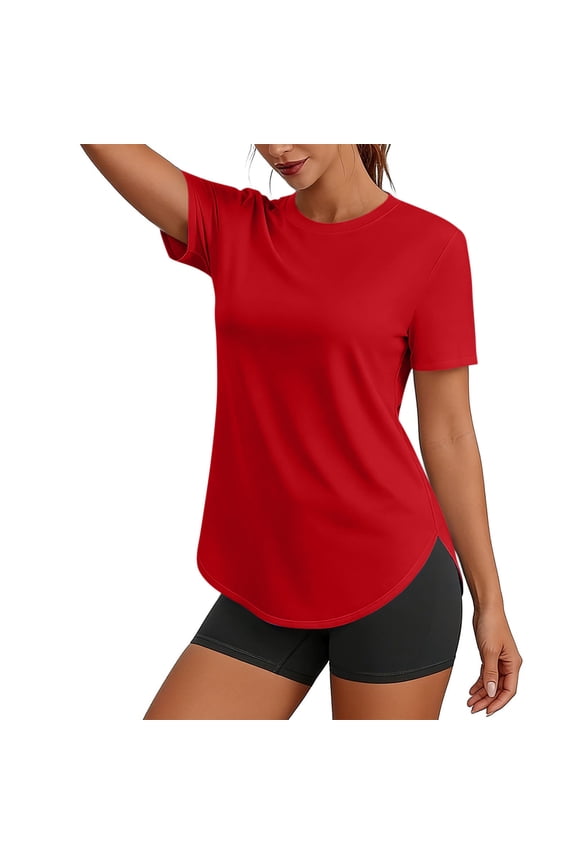 Women's Active Tops for Women Round Neck Short Sleeve Solid Color Curved Hem Workout Tee for Yoga Daily Summer Fall Gift